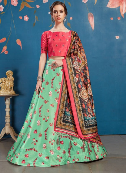 Pistagreen art silk digital printed lehenga choli