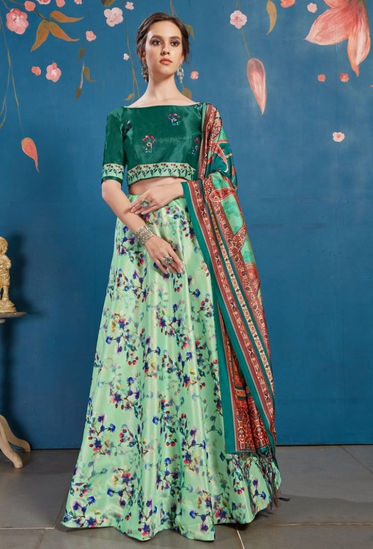 Pistagreen art silk digital printed lehenga choli