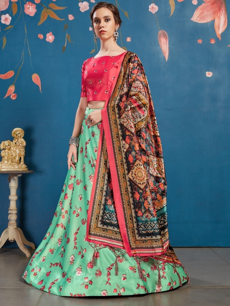 Pistagreen art silk digital printed lehenga choli