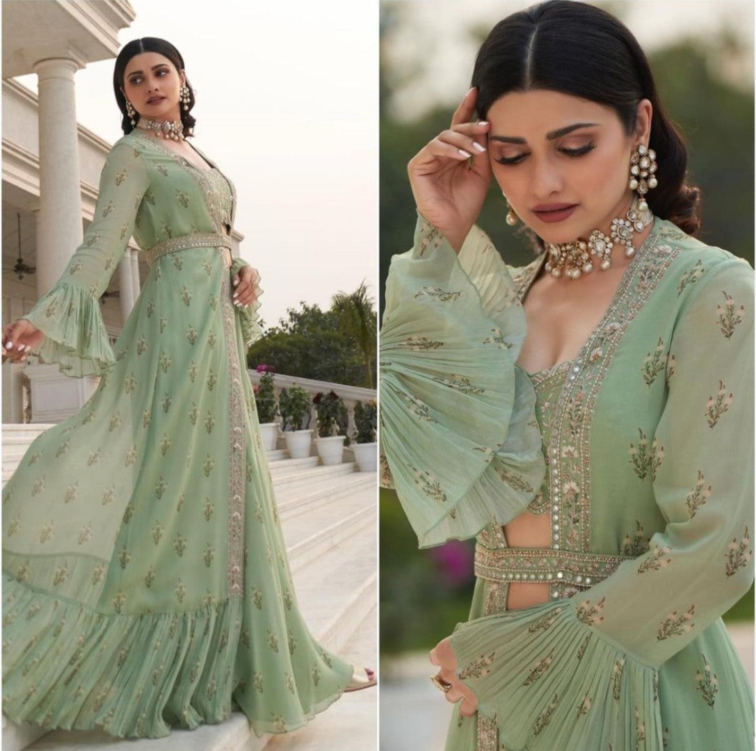 Pistagreen georgette digital printed indowestern lehenga with shrug