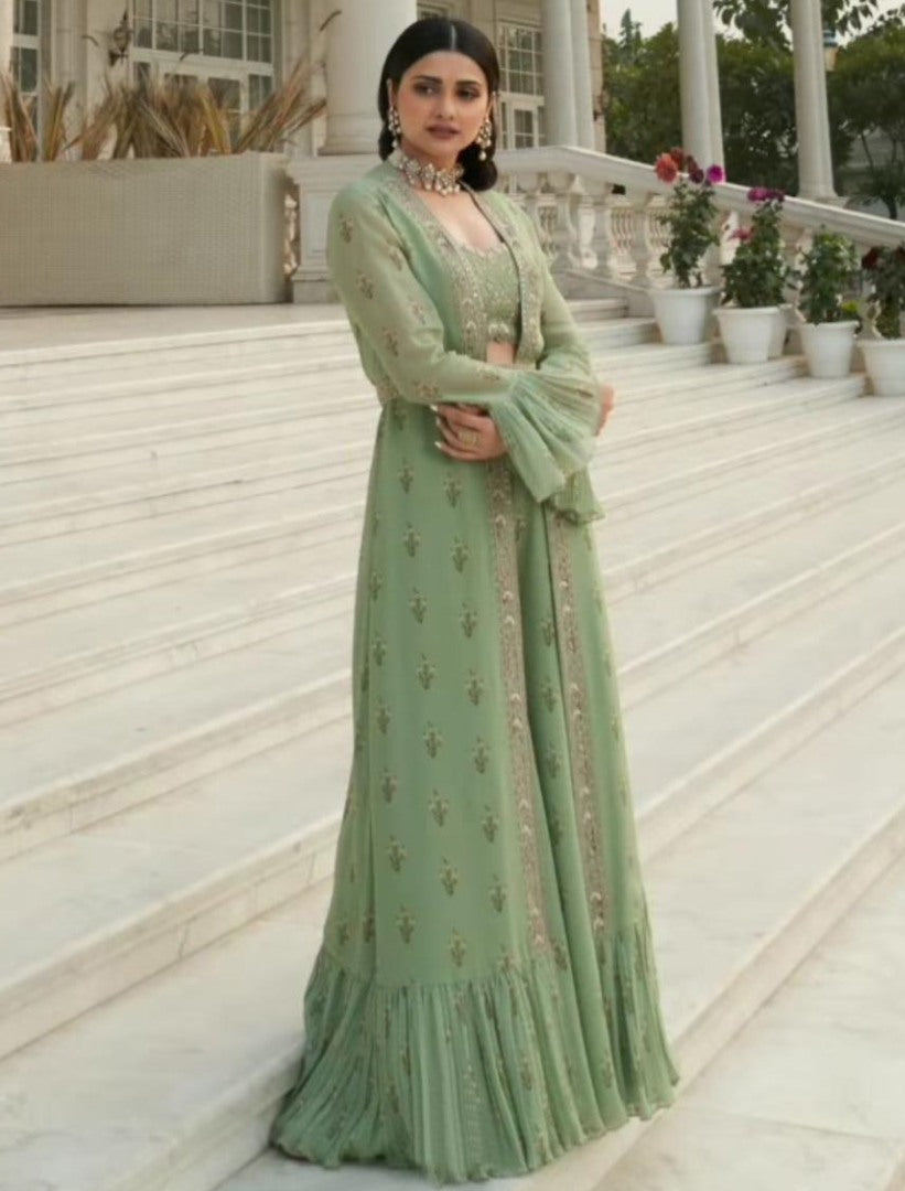 Pistagreen georgette digital printed indowestern lehenga with shrug