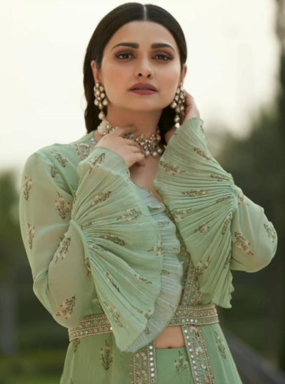 Pistagreen georgette digital printed indowestern lehenga with shrug