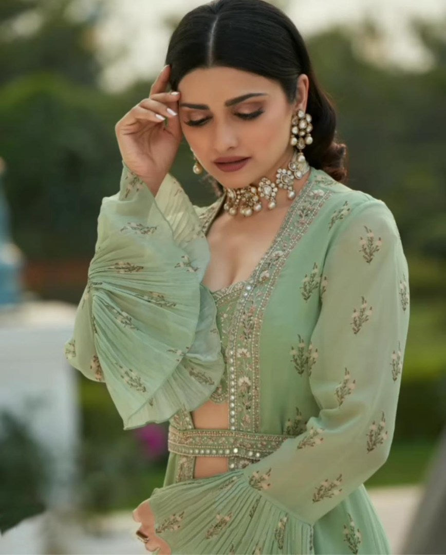 Pistagreen georgette digital printed indowestern lehenga with shrug