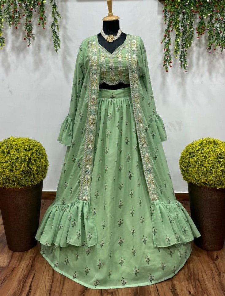 Pistagreen georgette digital printed indowestern lehenga with shrug