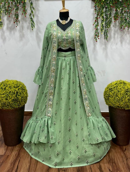 Pistagreen georgette digital printed indowestern lehenga with shrug