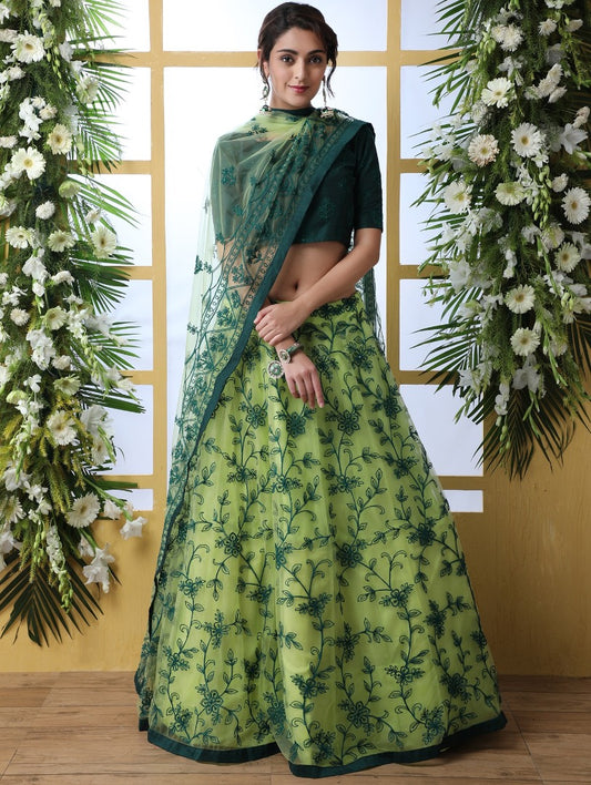 Pistagreen net embroidery work designer lehenga