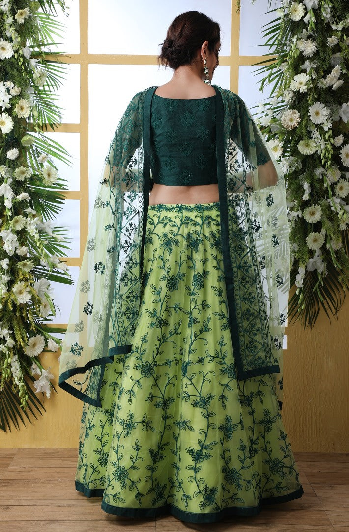 Pistagreen net embroidery work designer lehenga
