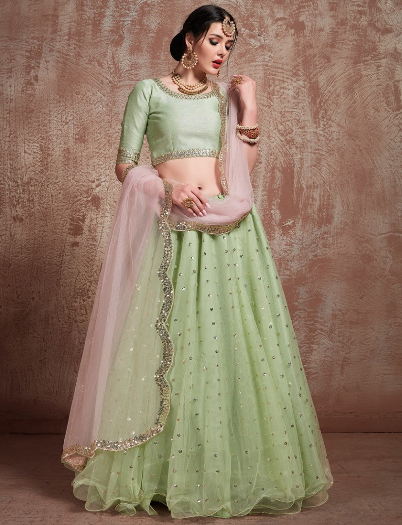 Pistagreen sof net sequin and zari work wedding lehenga choli