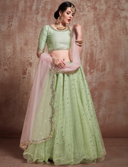 Pistagreen sof net sequin and zari work wedding lehenga choli