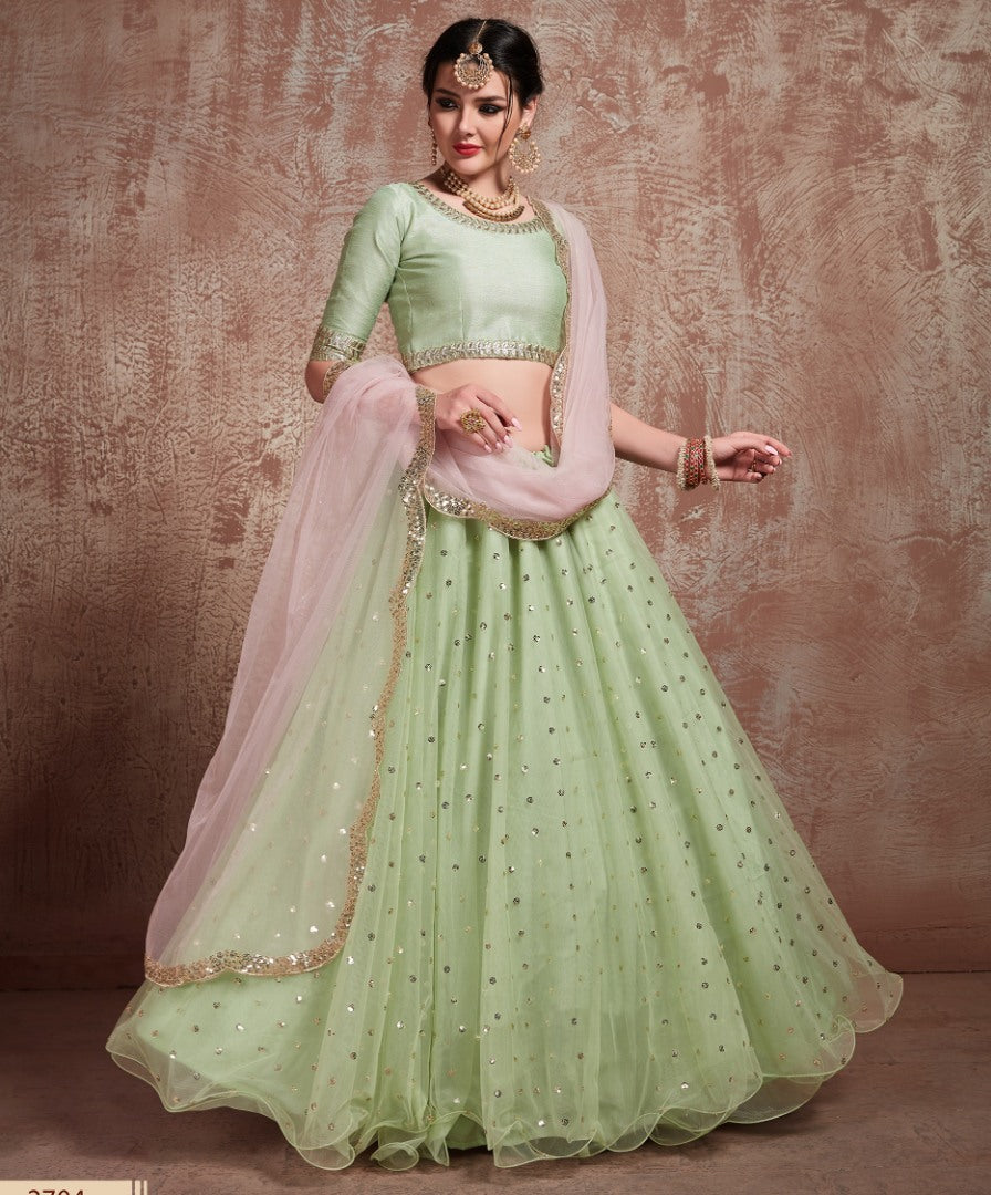 Pistagreen sof net sequin and zari work wedding lehenga choli