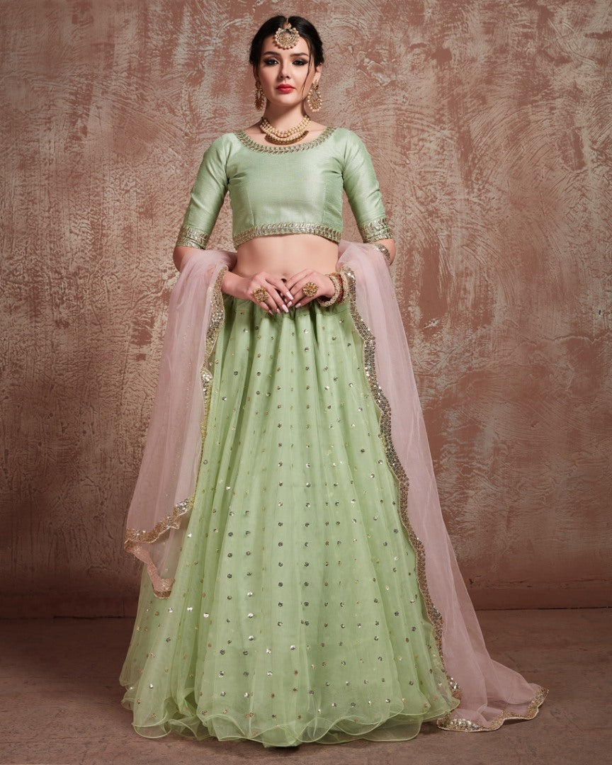 Pistagreen sof net sequin and zari work wedding lehenga choli