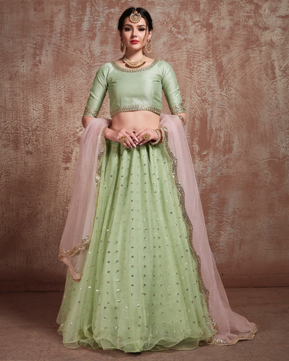 Pistagreen sof net sequin and zari work wedding lehenga choli