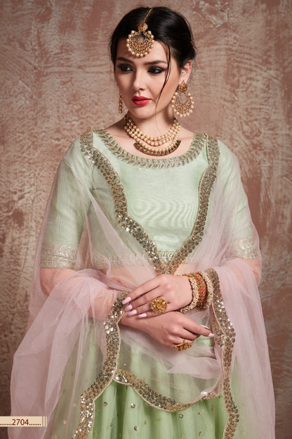 Pistagreen sof net sequin and zari work wedding lehenga choli
