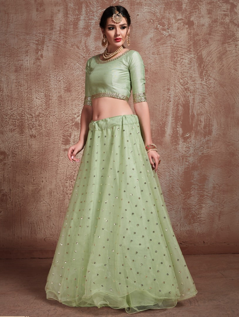 Pistagreen sof net sequin and zari work wedding lehenga choli