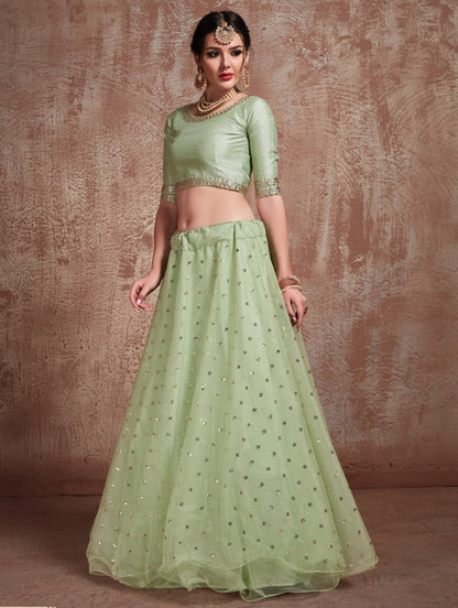 Pistagreen sof net sequin and zari work wedding lehenga choli