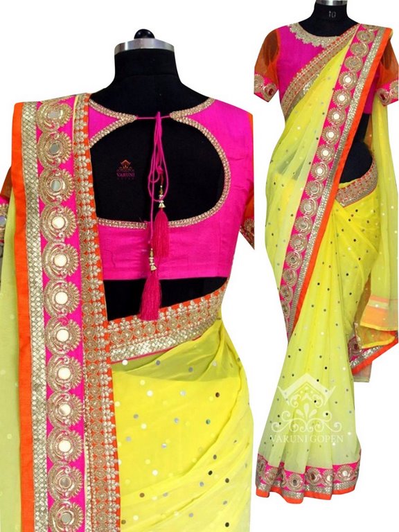 pretty look gorgeous yellow embroidered saree