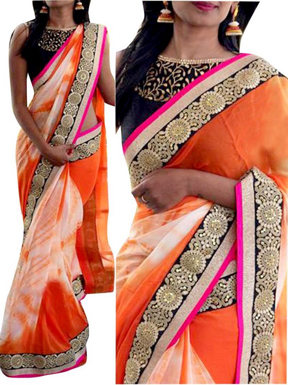 pretty look orange lace border saree with fancy blouse