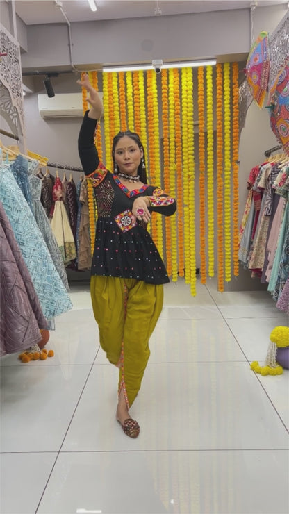 Black yellow rayon gamthi kedia navratri gujarati garba dhoti dadiya dress