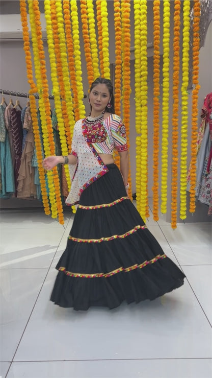 Black Rayon Navratri Gujarati Garba Lehenga Chaniya Choli with Stitched Blouse