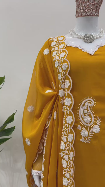 Mustard yellow embroidered regular wear salwar suit