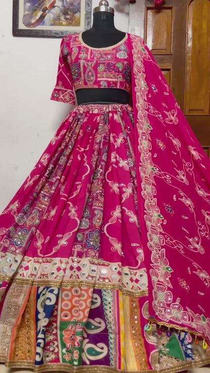 Pink cotton print mirror work navratri lehenga chaniya choli