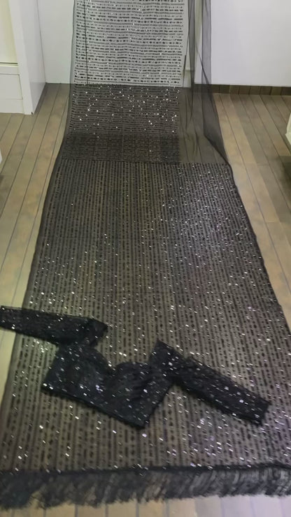 Black net heavy sequence and thread embroidered party wear saree