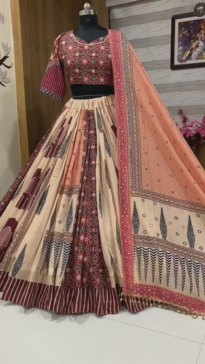 Beige cotton print mirror work navratri lehenga choli