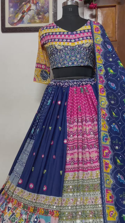 Blue print mirror work gujarati garba navratri lehenga chaniya choli