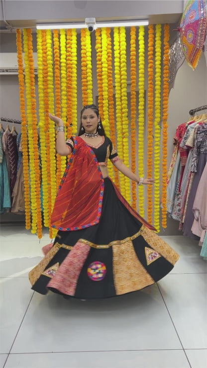 Black gamthi print mirror navratri gujarati garba lehenga chaniya choli