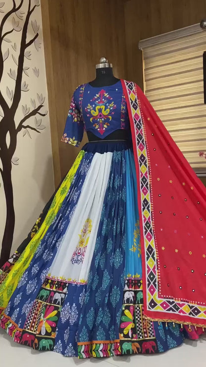 Multicolor cotton print mirror work navratri lehenga chaniya choli