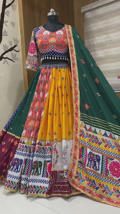 Multicolor cotton print mirror work gujarati garba navratri lehenga choli