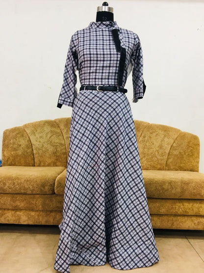 printed cotton silk long casual kurtie with belt