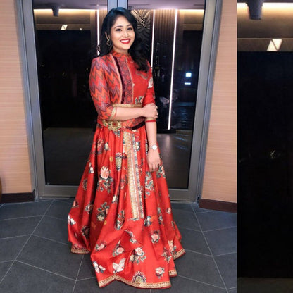 priya atlee beautiful red tapeta silk printed crop top indowestern lehenga