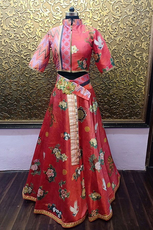 priya atlee beautiful red tapeta silk printed crop top indowestern lehenga