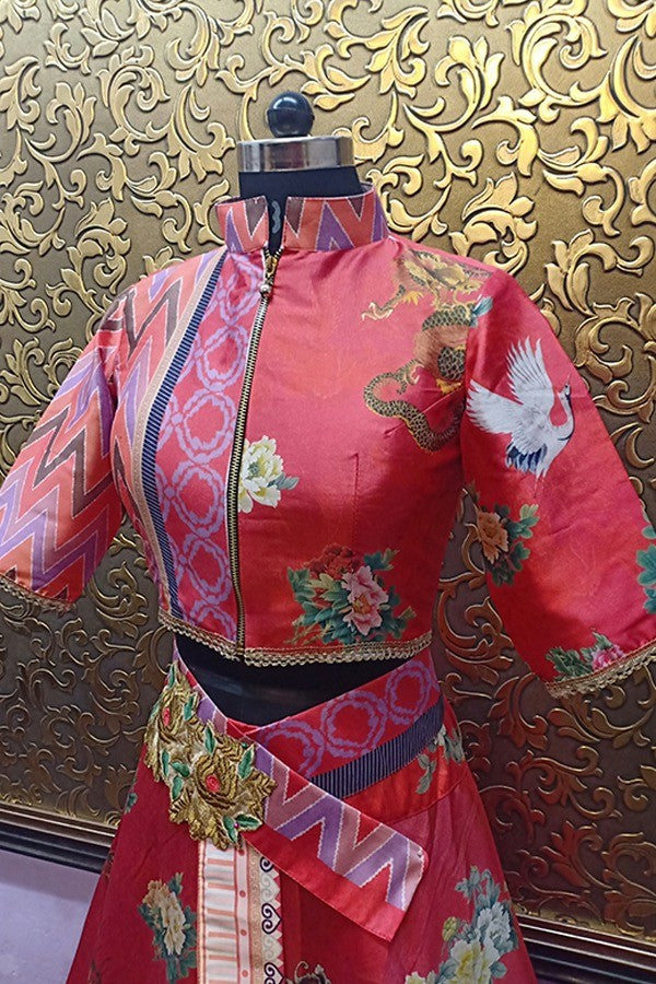 priya atlee beautiful red tapeta silk printed crop top indowestern lehenga