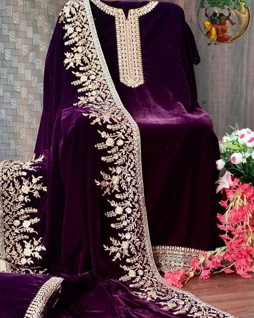 Pruple velvet heavy embroidery worked plazzo suit