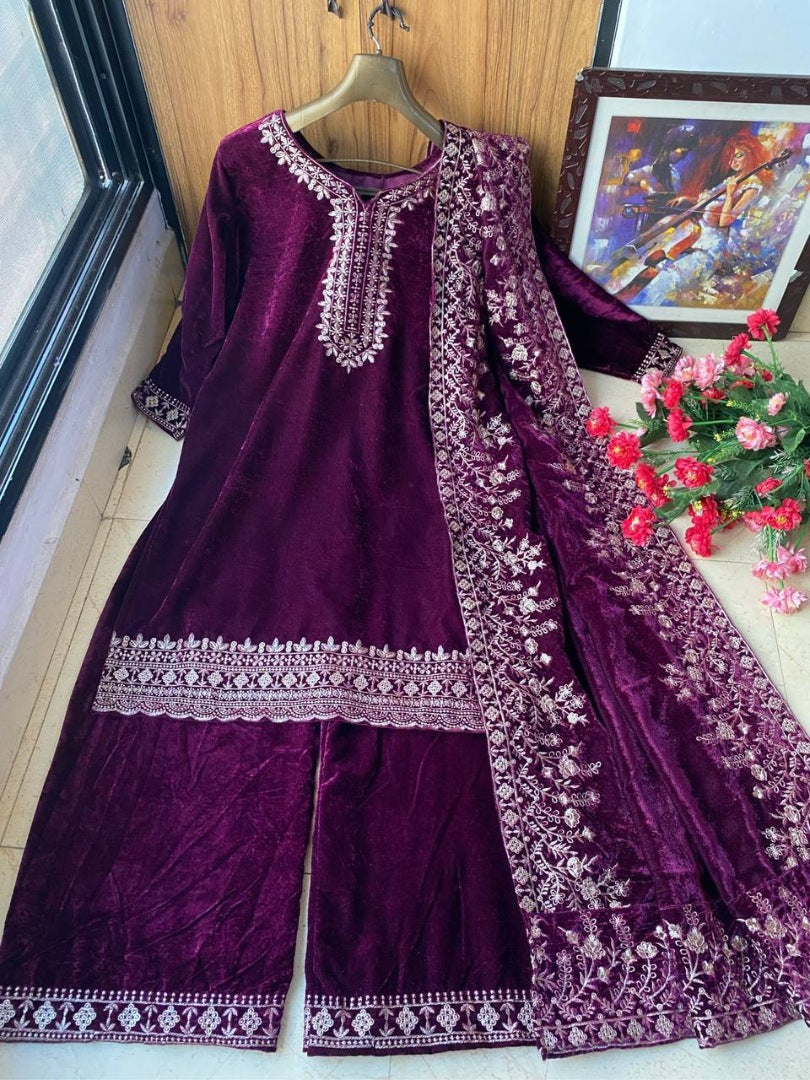 Pruple velvet heavy embroidery worked plazzo suit