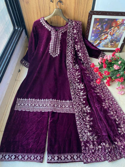 Pruple velvet heavy embroidery worked plazzo suit