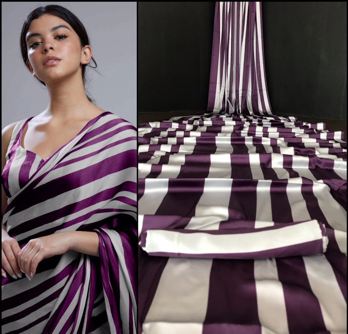 Purple and grey stripe printed party wear saree