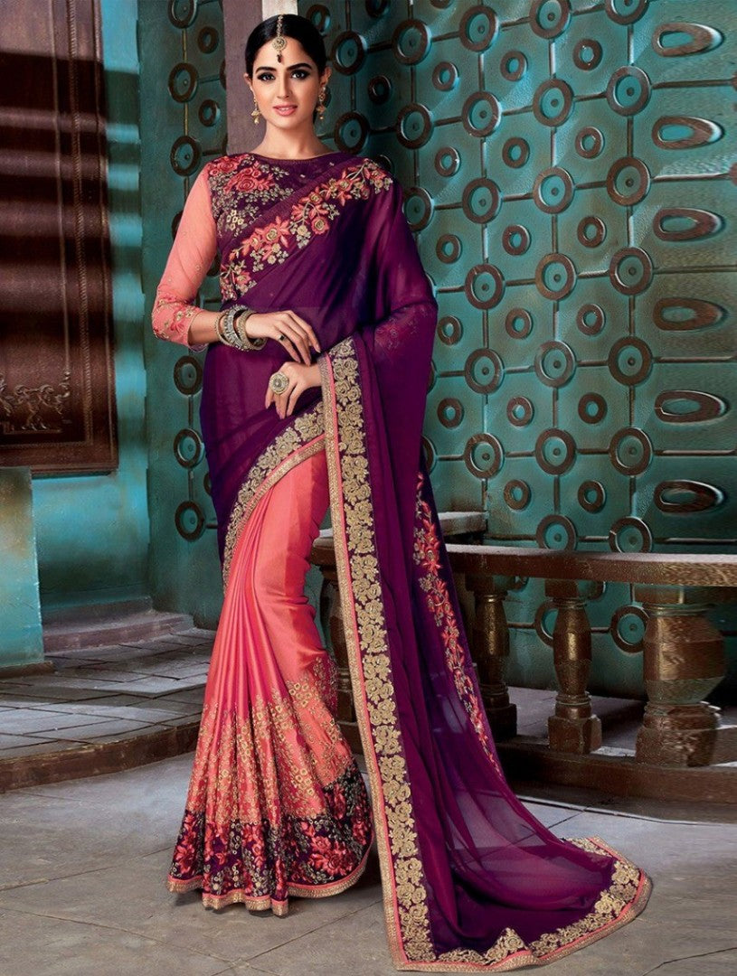 purple and orange sana silk embroidered wedding saree