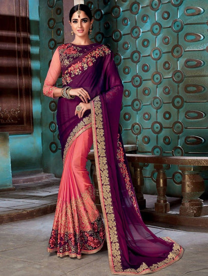 purple and orange sana silk embroidered wedding saree