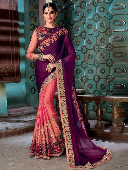 purple and orange sana silk embroidered wedding saree