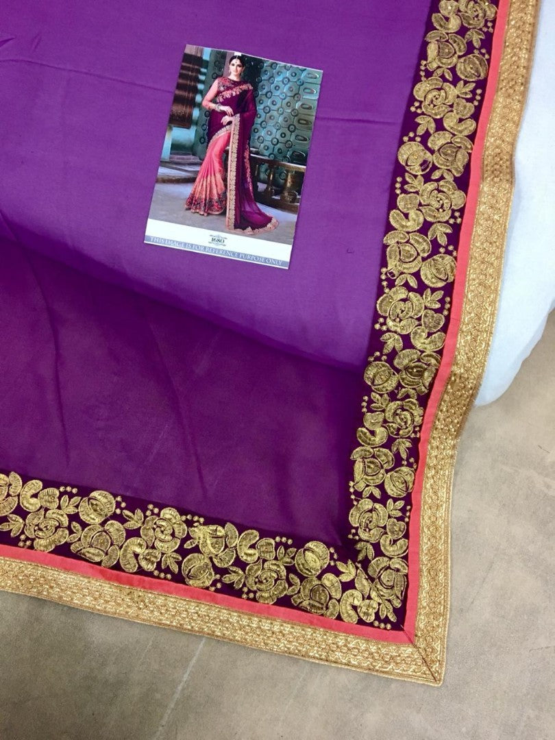 purple and orange sana silk embroidered wedding saree