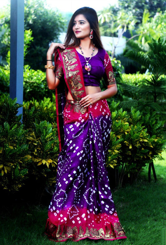 purple and pink art silk weaving border bandhej saree