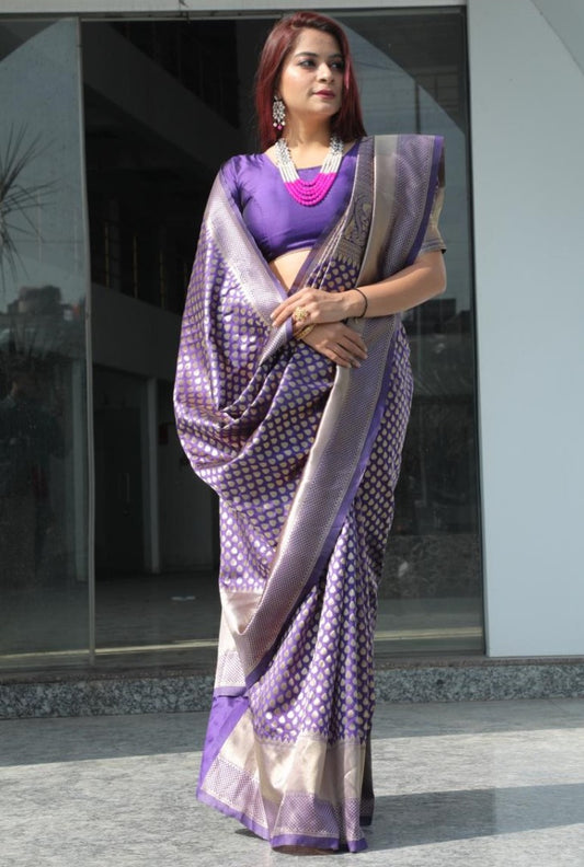 Purple banarasi lichi silk jacquard weaving work wedding saree