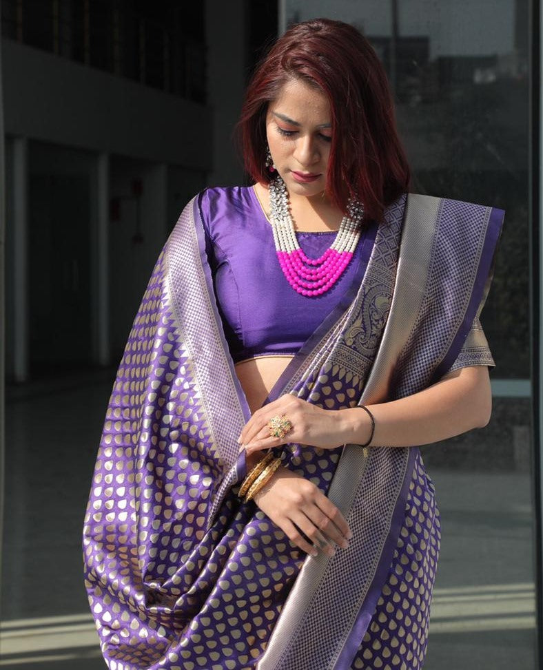 Purple banarasi lichi silk jacquard weaving work wedding saree