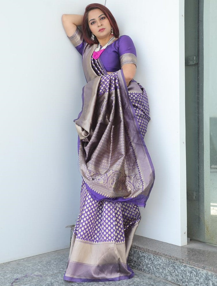 Purple banarasi lichi silk jacquard weaving work wedding saree