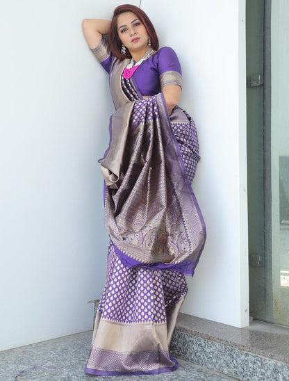 Purple banarasi lichi silk jacquard weaving work wedding saree