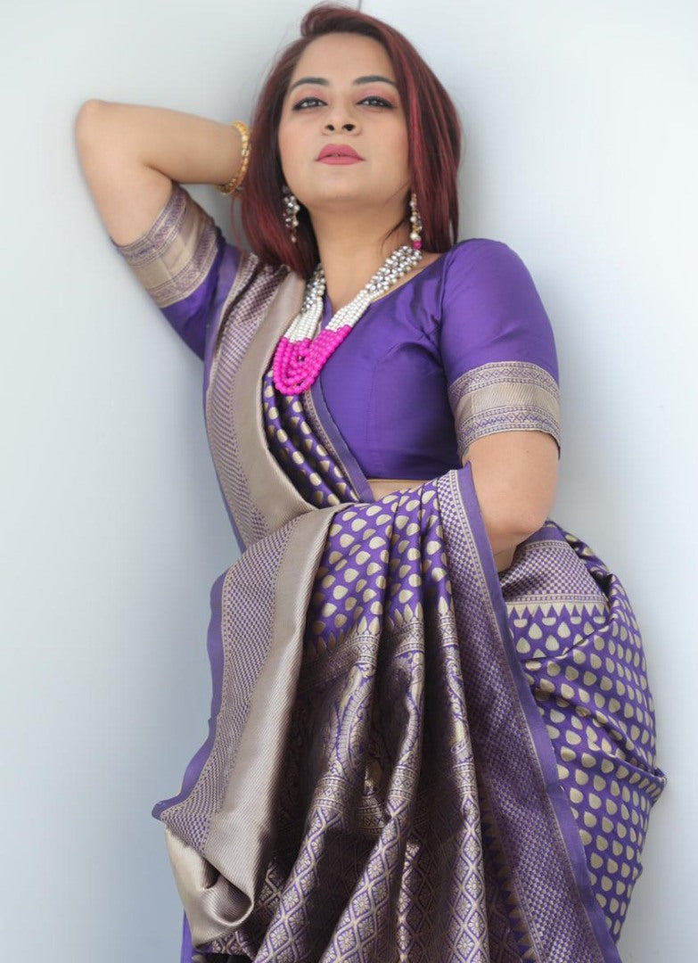 Purple banarasi lichi silk jacquard weaving work wedding saree