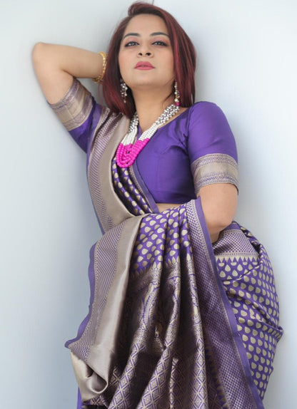 Purple banarasi lichi silk jacquard weaving work wedding saree